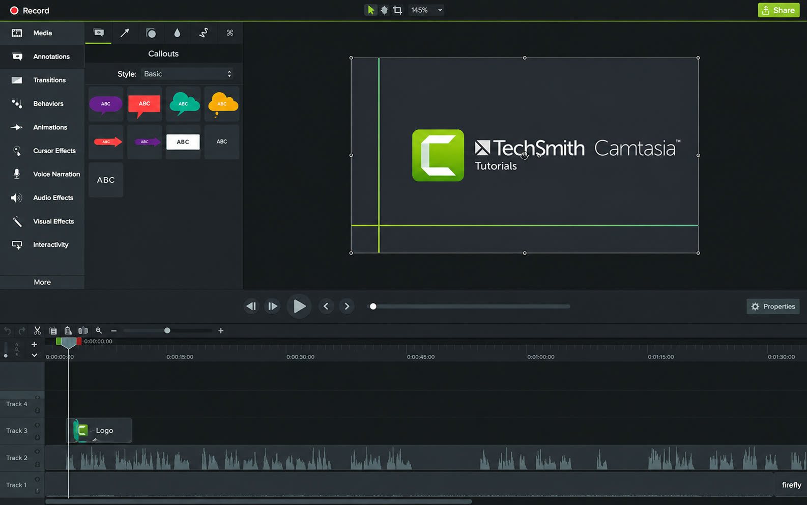 Camtasia-Editoroberfläche mit Effekten und Zeitleiste