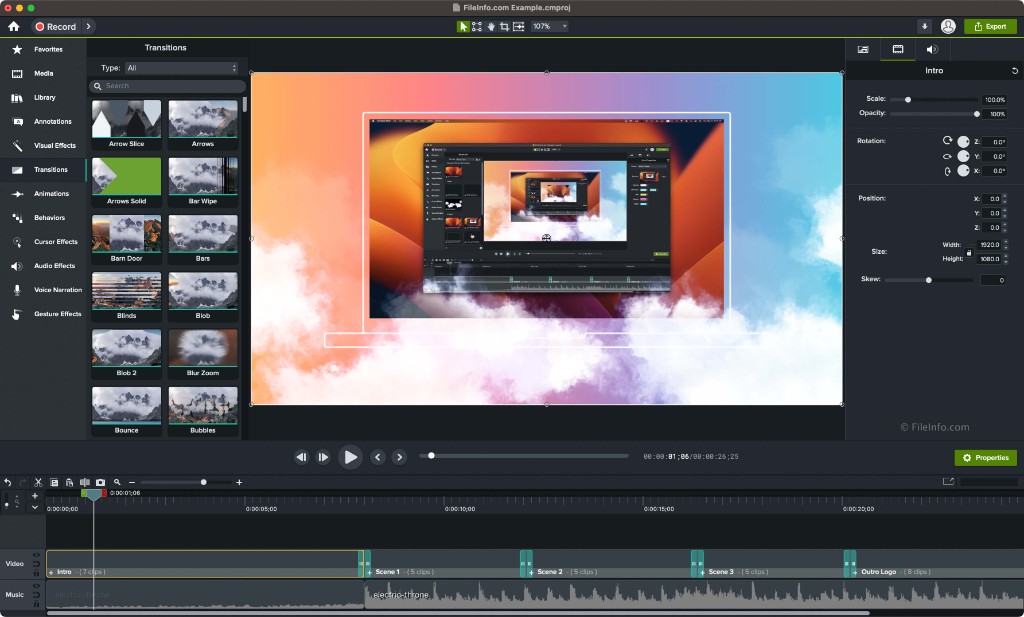 带转场面板和时间线的 Camtasia 界面